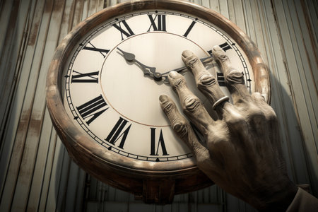 The Enormous Grip of Time: A colossal hand holds a massive clockの素材