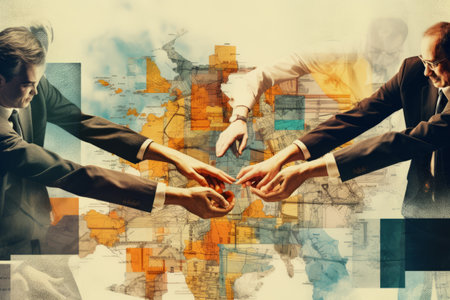 Collaborative Excellence Unveiled: Profiting through Synergistic Teamwork. A Captivating Retro Art Collage Depicting Hands Sketching Graphs. Unlocking the Potential of Business, Careers, Employers, and Projects. Abundant Copy Space for Your Advertisement.の素材