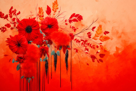 Blooming Brilliance: A Modern Collage of Nature's Artistry with Tassel drawing and Bright Red Flowersの素材