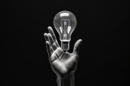 Captivating Contrast: A Vertical Collage of a Monochrome Arm with Illuminated Light Bulb on a Unique Grey Backgroundの素材