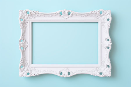 Minimalist Delight: White Vintage Frame Adorning a Pastel Blue Backgroundの素材