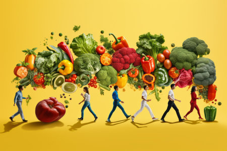 Vibrant Veggies and Fruity Fusions: A Contemporary Art Collage Expressing the Intersection of Youth, Healthy Eating, and Creative Dietの素材