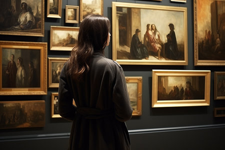 Enthralled in Artistry: A Young Woman Immersed in a Famous Artist Collection at an Art Galleryの素材