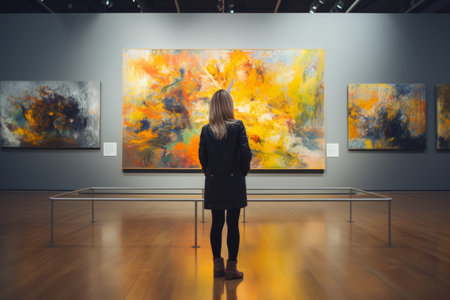 Gaze of a Curious Connoisseur: A Young Woman Engages with Modern Masterpieces in an Art Galleryの素材
