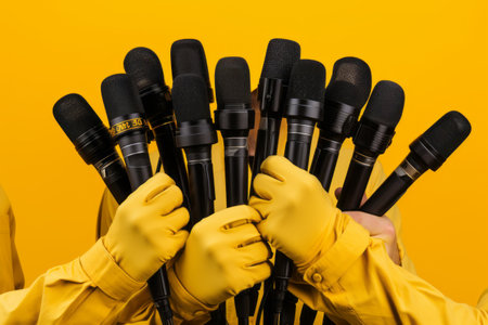 Enigmatic Persona Shrouded in Mystery: Vertical Collage of Secretive Figure with Folded Arms Amidst Journalists and Microphones, Isolated on a Vibrant Yellow Backgroundの素材