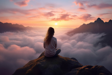 Embracing Serenity: A Young Woman's Contemplative Journey at Sunriseの素材