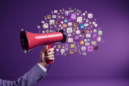 The Enigmatic Influence: A Captivating Art Collage, Manifesting the Power of Social Media Likeness, Embodied by the Human Hand and Megaphone, against a Vibrant Purple Backdropの素材