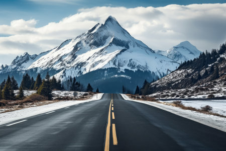 The Enchanting Beauty of an Empty Asphalt Road and White Snow Mountain Sceneryの素材