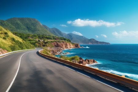 Exploring the Picturesque Beauty: Asphalt Road, Mountains, and the Majestic Blue Seaの素材