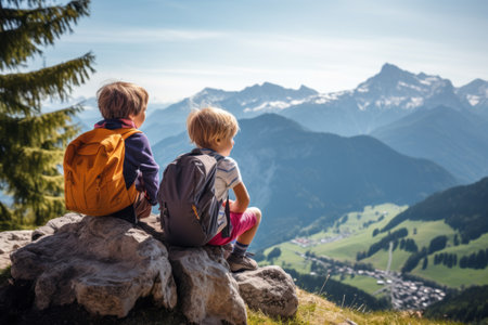 Unforgettable Alpine Adventure: Kids Embrace Nature's Majesty While Hiking in Austria's Alps Mountainsの素材