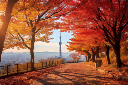 Spectacular Autumn Splendor: N Seoul Tower Embraces Namsan Mountain's Vibrant Yellow and Red Maple Leaves in Seoul, South Koreaの素材