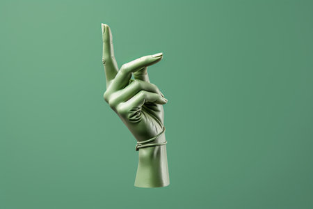 Handover: A 3D Trendy Collage in Magazine Style Featuring a Female Statue's Handmaking a Gesture of Handing an Object to an Outstretched Hand on a Sage Green Backgroundの素材