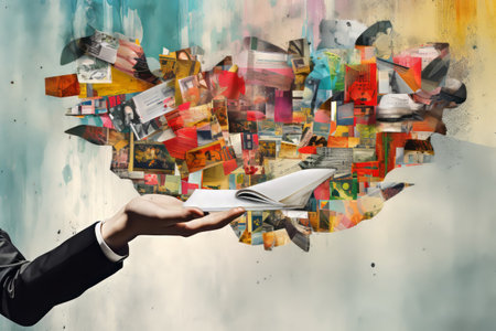 Symbolic Surrealism: Mesmerizing Collage of Human Hands Crafting Advertising and Information Posterの素材