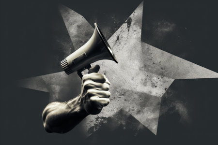 Amplifying Impact: Dynamic Art Collage Featuring a Black and White Hand with Megaphone, Perfect for Advertising, Call to Action, or News Announcementの素材