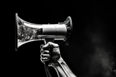 Amplifying the Message: Compelling Art Collage Featuring a Hand with Megaphone, Symbolizing Advertising, Action, and Breaking Newsの素材