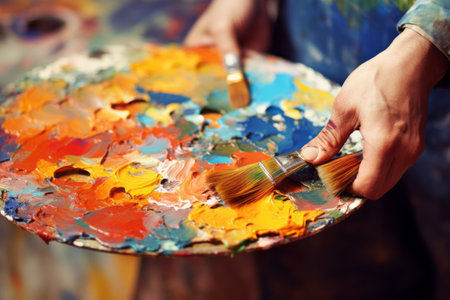 The Artistic Journey: A Masterpiece Unveiled with Oil Paint Brush and Palette Closeupの素材