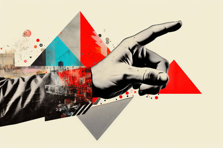 Captivating Digital Collage: Finger Pointing with a Striking Red Arrowの素材
