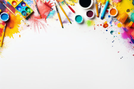 Immerse yourself in the World of Art: A Vertical Top View Composition with an Album, Watercolour Paints, and Vibrant School Supplies for an Enlightening School Experienceの素材