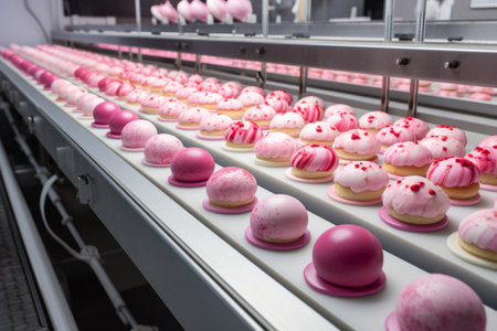 Sweet Artistry in Motion: Decorating Cakes on the Conveyor of a Confectionery Factoryの素材