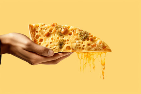 Surreal Harmony: An Exploration of Digital Collage Modern Art with a Hand Holding a Slice of Cheese Pizzaの素材
