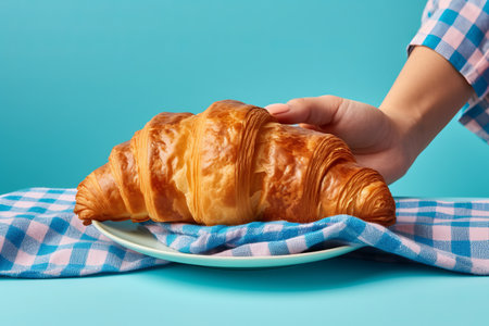 Savor the Delightful French Breakfast: Indulging in a Crispy Croissant Amidst Vintage Retro Charmの素材