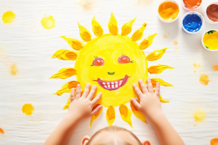 Creative Brilliance: A Captivating Top-View of a Kid Crafting a Radiant Yellow Sun on a White Table adorned with Art Suppliesの素材