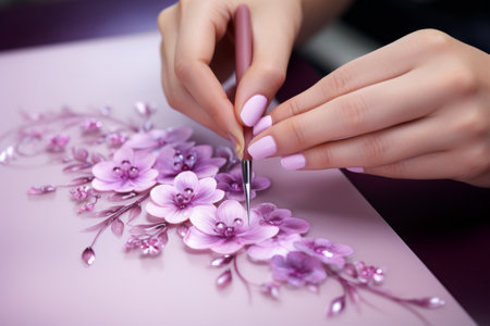 Exquisite Artistry: Stunning Nail Design Created by a Skilled Manicure Master with a Precision Brush in a Glamorous Beauty Salon - Captivating Close-up Shotsの素材