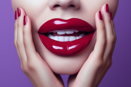 Captivating Contemporary Collage: Human Female Hands Form Heart Shape, Sporting Red Lips, Against a Striking Purple Backgroundの素材