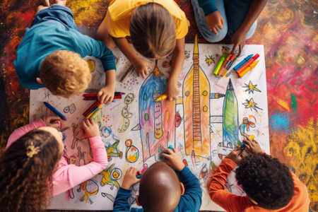 Exploring Imagination: Multicultural Kids embark on a Colorful Journey to Outer Space at Preschool Art Classの素材