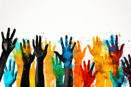 Clapping Hands Collage: Vibrant Vertical Composition of Colorful Black and White Hands Celebrating High Fives on Creative Backgroundの素材