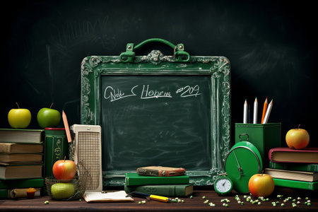 Back to school concept with green chalkboard and school supplies on wooden backgroundの素材