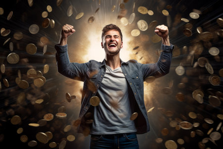 The Thrilling Triumph: Joyful Man Celebrates with Raised Fists Amid a Pile of Big Money Coins on an Exquisite Creative Backdropの素材