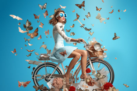 Funky Girl's Scissor Fantasy: A Vibrant Vertical Collage of a Retro Bicycle Ride, Isolated on Blueの素材