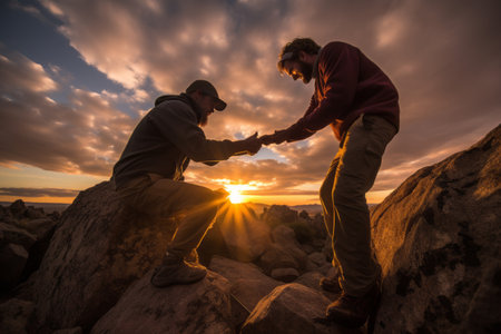 Unbreakable Bonds: Two Adventurous Male Tourists Joining Forces in a Thrilling Journeyの素材