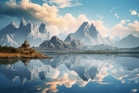 Majestic Mountains: A Tranquil 3D Render of a Spiritual Zen Fantasy Landscapeの素材