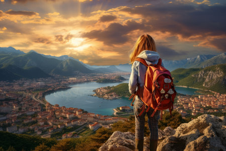 Capturing Bliss: A Young Explorer Cherishes Montenegrin Coastal Cities and Sunset Serenityの素材
