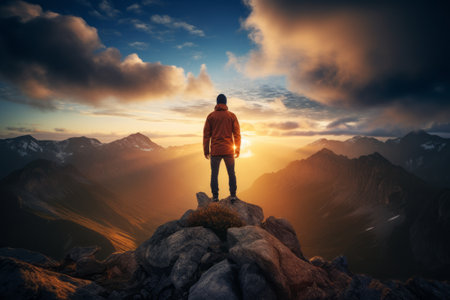 A Man's Soaring Victory: Conquering the Peak as the Sun Begins to Illuminateの素材