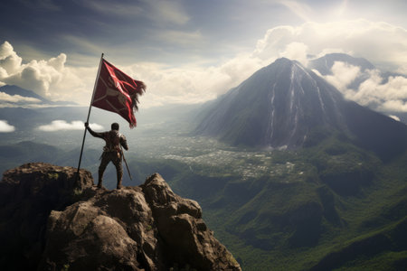 Summit Triumph: A Climber Standing Strong Holding a Flag on Mount Sumbing in '98の素材