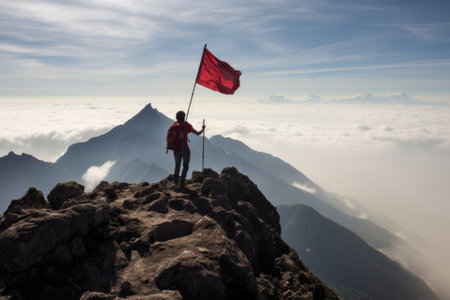 Conquering New Heights: A Defiant Climber Waves Flag Over Mount Sumbing in '97の素材