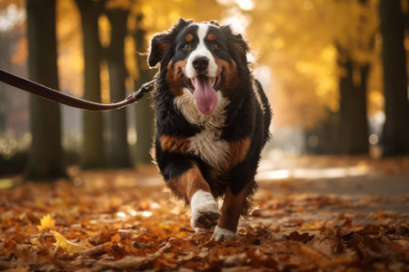 Autumn Adventure: A Relaxed Bernese Mountain Dog's Leash Run in the Parkの素材