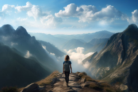 A Girl's Journey: Walking the Mountain Ridge Against the Majestic Backdropの素材