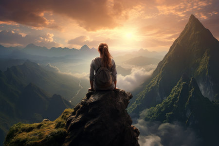 Embracing Bliss: A Woman Hiker's Serene Break Atop Mount Irag439995の素材