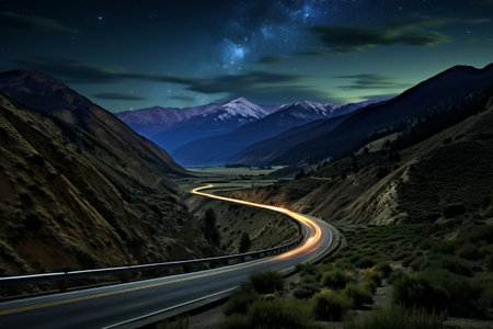 Majestic Journey: A Road Leading to the Enigmatic Milky Way in a Mountain Valleyの素材