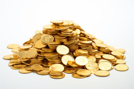 Mesmerizing Sight: An Enchanting Mountain of Golden Coins Amidst a Pristine White Backdropの素材