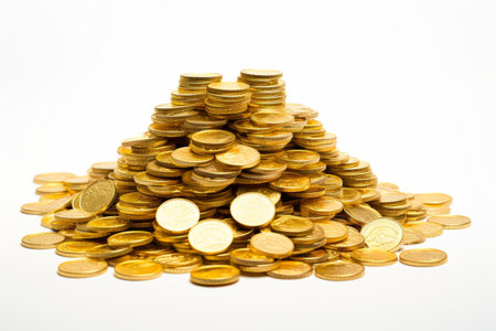 The Enigmatic Treasures: Unveiling a Mountain of Gold Coins on a Radiant White Canvasの素材