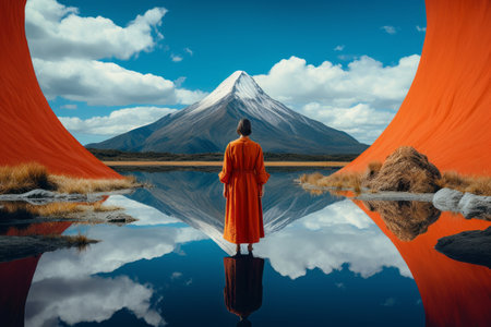 Vibrant Harmony: Capturing Symmetry in Nature with an Orange-Dressed Mountaineer (lo_95)の素材