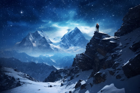 Frozen Serenity: Scaling a Snowy Slope under the Night Sky's Milky Wayの素材