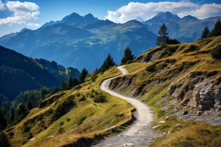 Finding Serenity: Exploring the Scenic Alpine Trail on a Winding Mountain Slopeの素材