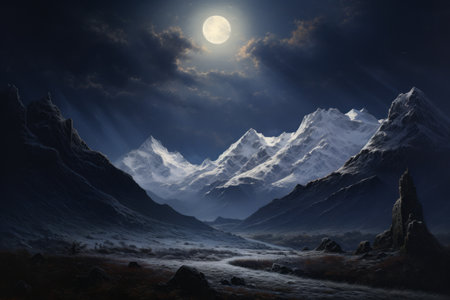 Majestic Serenity: Gazing at the Snowy Mountains and Moonlit Night at 3:2am in I_97の素材