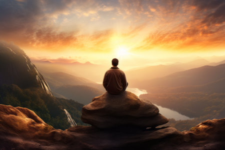 Serenity Found: Captivating Sunset Moment of an Adult Man Embracing Tranquility atop Mount 3 2 Irag439995の素材